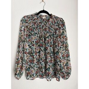 LOFT‎ Floral Smocked Mock Neck Chiffon Blouse Long Sleeve Multi Color Small